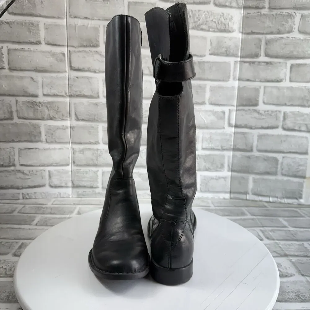 BORN Women's Size 7.5 Black Leather Knee High Side Zip Buckle Boots